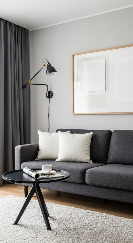 A stylish monochrome living room featuring a black sofa, a plush gray rug, and black and white cushions against a crisp white wall.