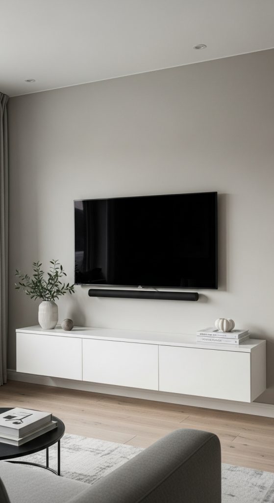 A minimalist living room with a wall-mounted TV