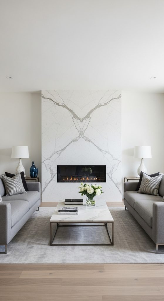 A modern living room with perfect symmetry, featuring two identical sofas facing a central fireplace.