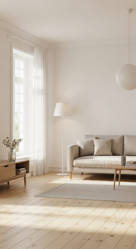 Bright minimalist living room with warm white walls that create a spacious and serene foundation.