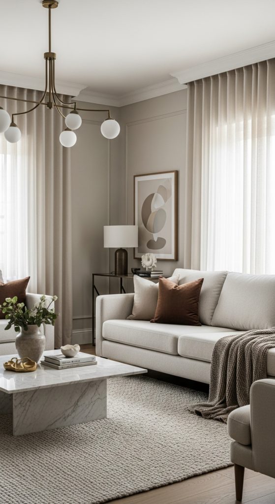 Modern luxury living room with a neutral color scheme, featuring textured accents like a wool rug, velvet cushions, and a marble coffee table.