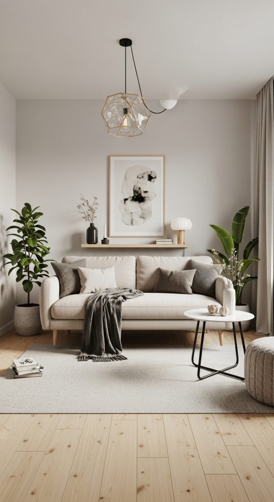 Floating sofa in a small living room with console table and neutral decor.