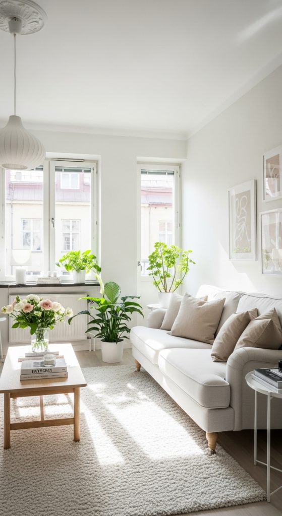 Light-filled small living room decorated in white and beige tones with minimalist furniture.