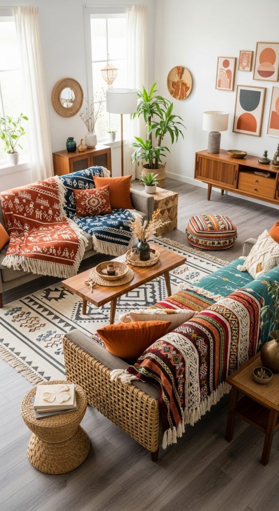 Mixed-Texture Sofas with Boho Throws