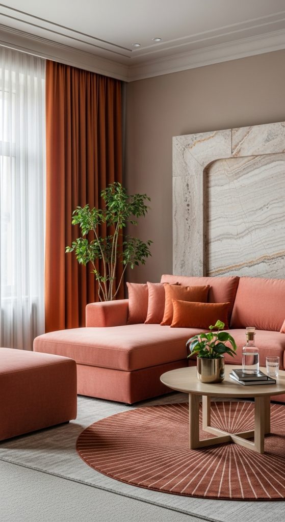 A luxurious living room combining a grey stone accent wall with a plush emerald green velvet sofa.