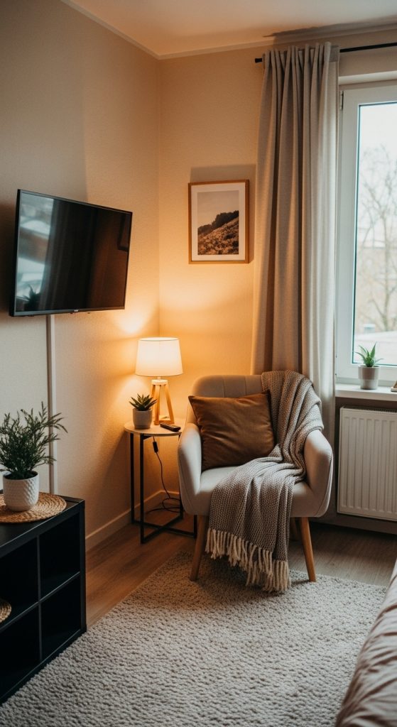A small living room corner with a mounted TV