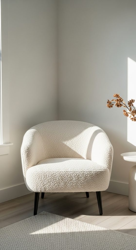 A cream-colored boucle accent chair in the corner of a minimalist living room, providing a soft and cozy texture.