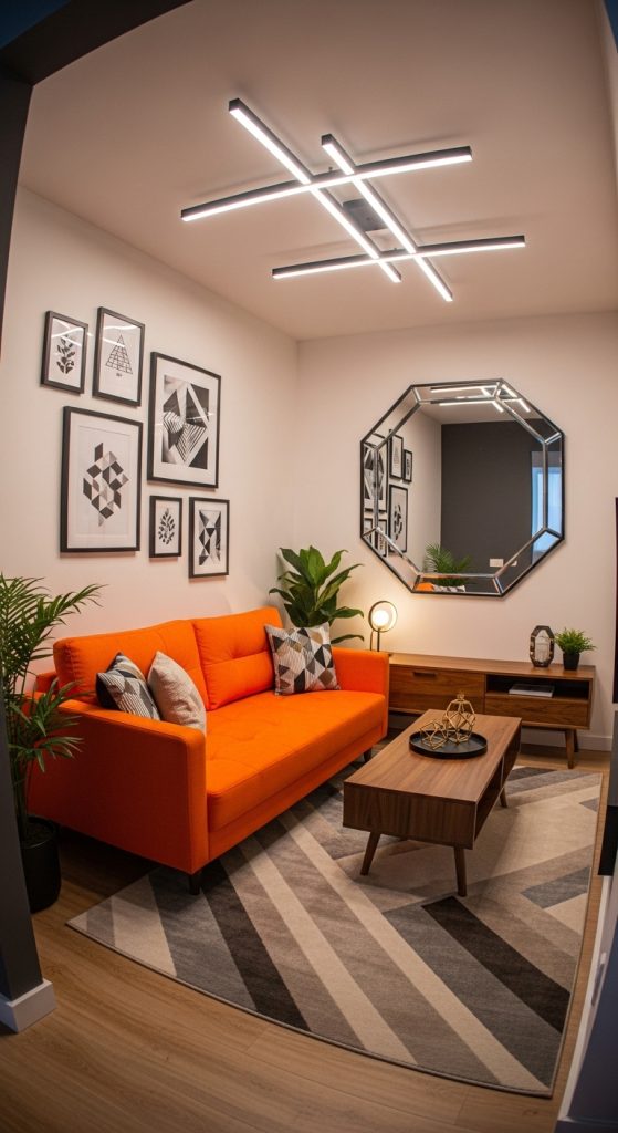 Small living room with sofa placed diagonally and geometric decor.