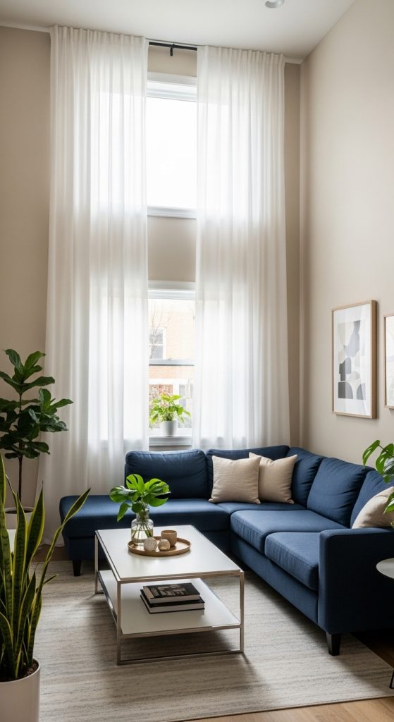 Small space living room with floor-to-ceiling curtains enhancing the room height.