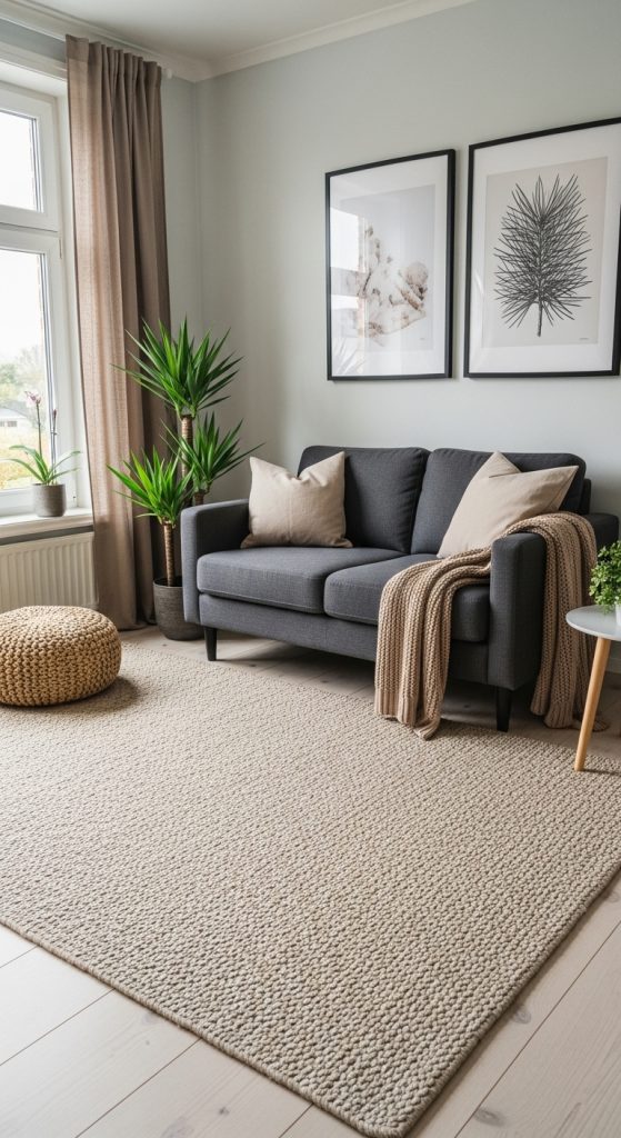A cozy and sophisticated living room with a black sofa complemented by warm neutral tones