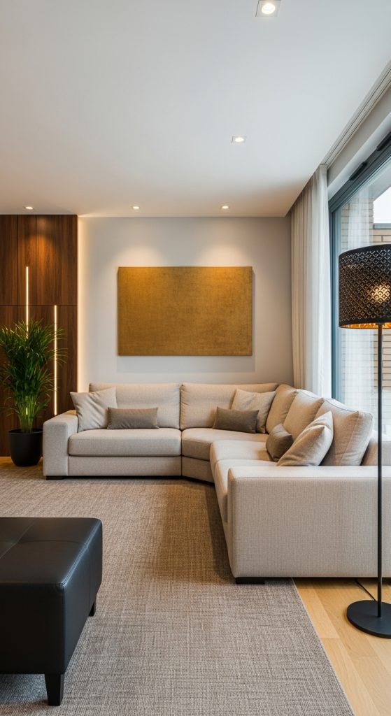 A modern bedroom with warm grey walls and soft beige bedding, creating a harmonious and chic 'greige' palette.