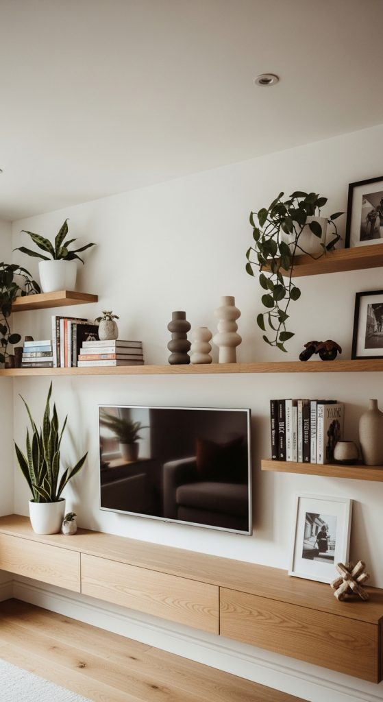 Modern living room with floating shelves beside and above the TV
