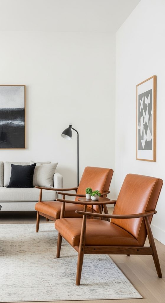 Two warm-brown leather accent chairs completing a conversation area in a modern minimalist living room.