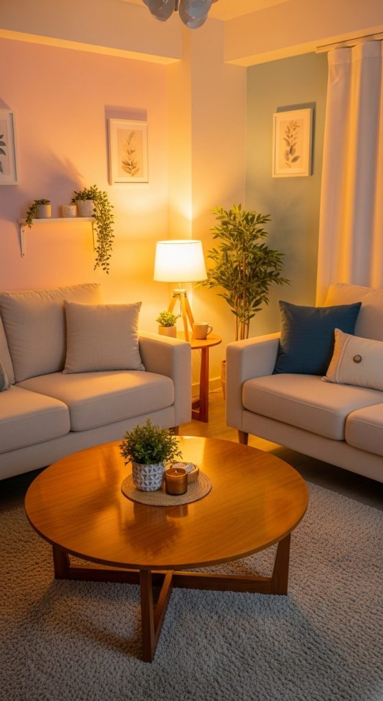 Intimate seating setup with two small sofas and round coffee table.