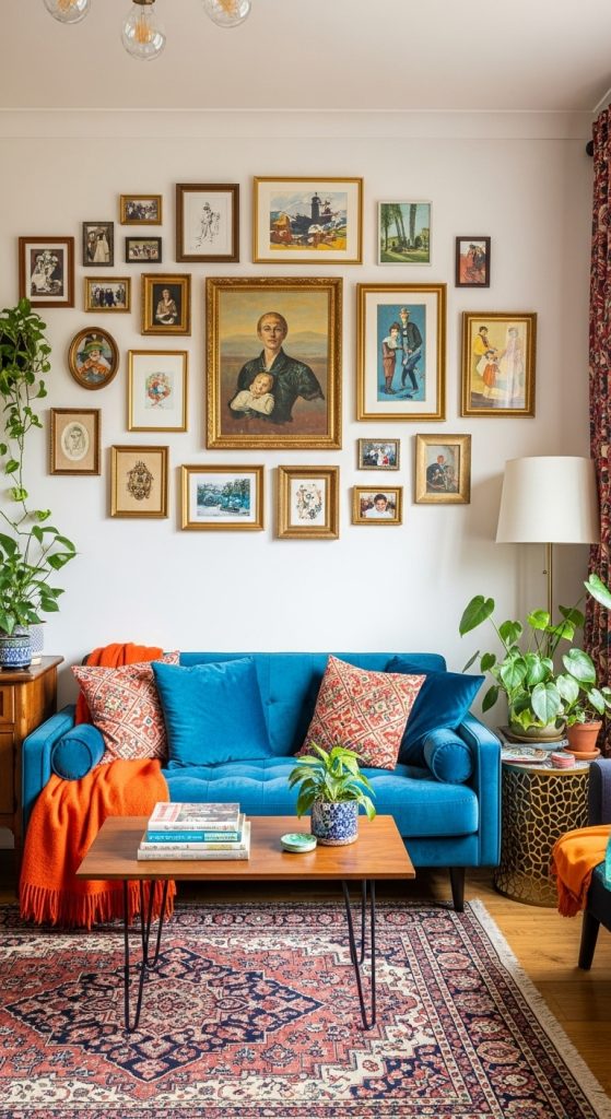 Cozy living room with a stylish gallery wall of framed art above the sofa.