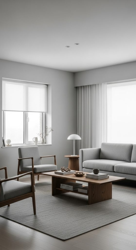 Minimalist living room with neutral furniture and clutter-free surfaces.