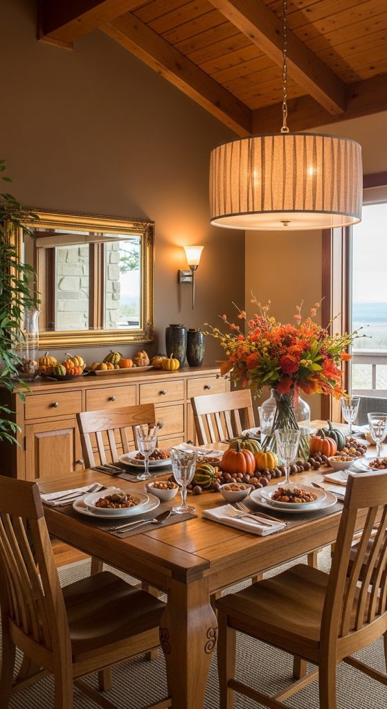A warm and inviting dining area decorated in autumn colors, with a mustard yellow accent chair and rusty red pillows.