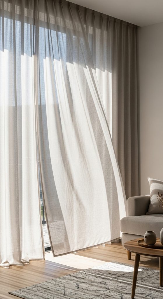 Sunlight softly filtering through neutral-colored linen curtains, which add a layer of lightness to a minimalist living room.