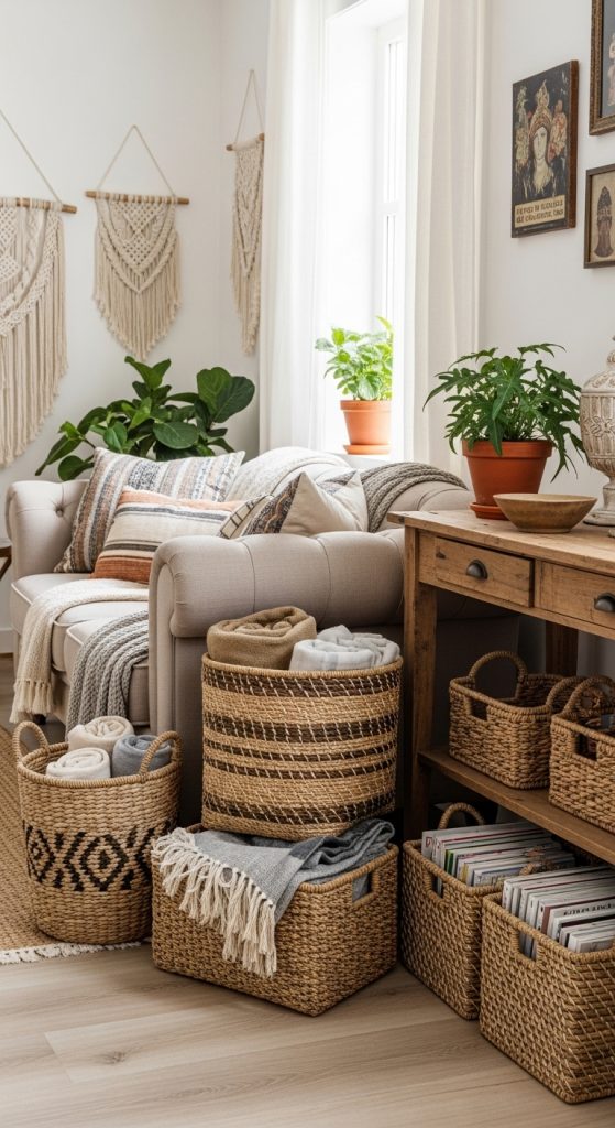 Neutral-toned living room featuring woven baskets for stylish and practical storage.