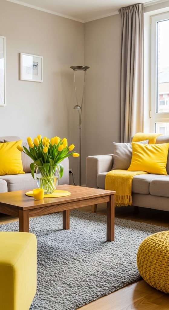 Bright throw pillows adding a vibrant pop of color to a neutral living room.