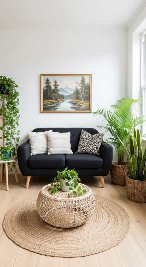An outdoor-inspired living space featuring a black sofa, a rattan coffee table