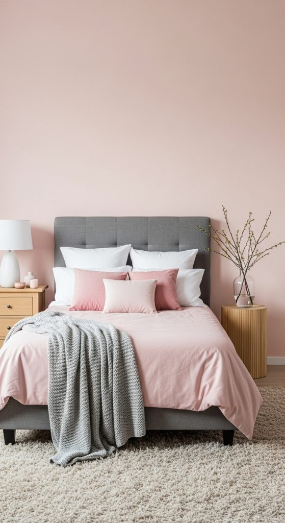 A delicate nursery with light grey walls, a soft blush pink rug, and modern white furniture.