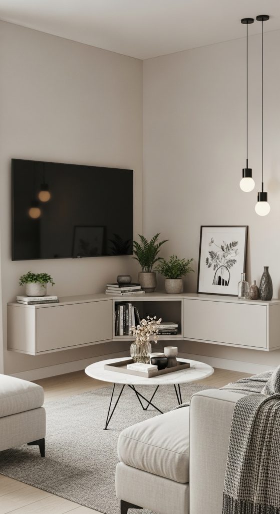 Compact living room with TV mounted in a corner