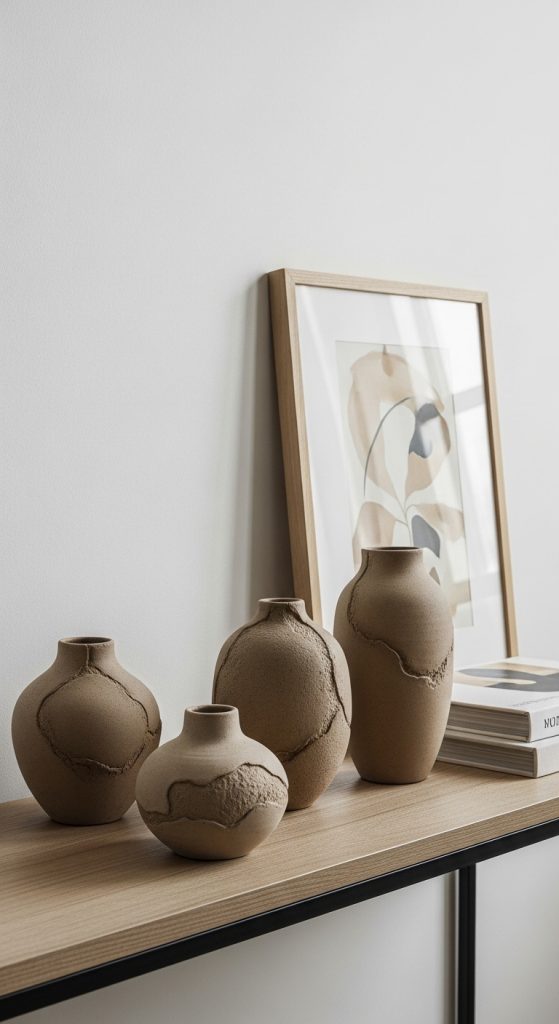 Close-up of several ceramic vases with a handmade texture and matte finish, decorating a minimalist console table.