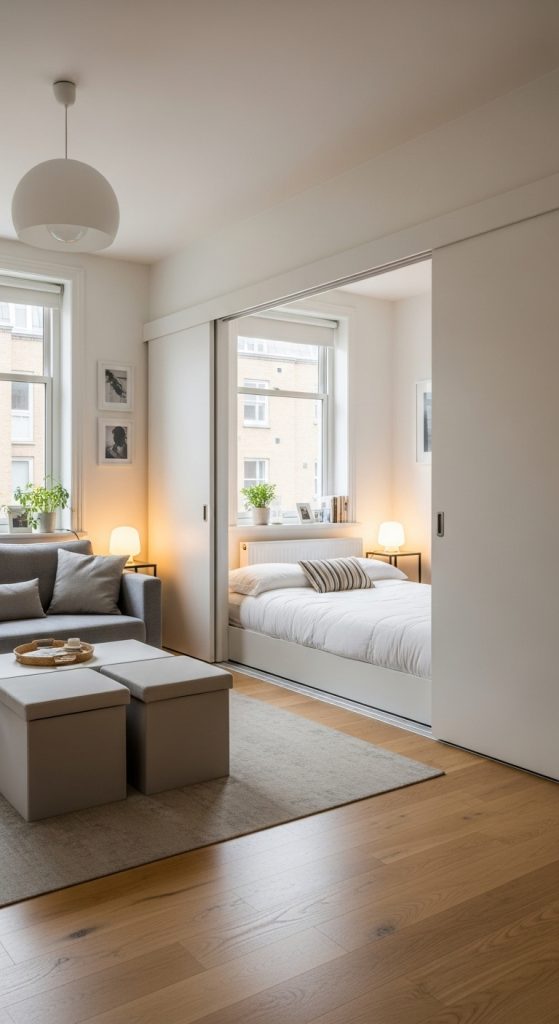 Living room with sliding panel dividing space in a studio apartment.