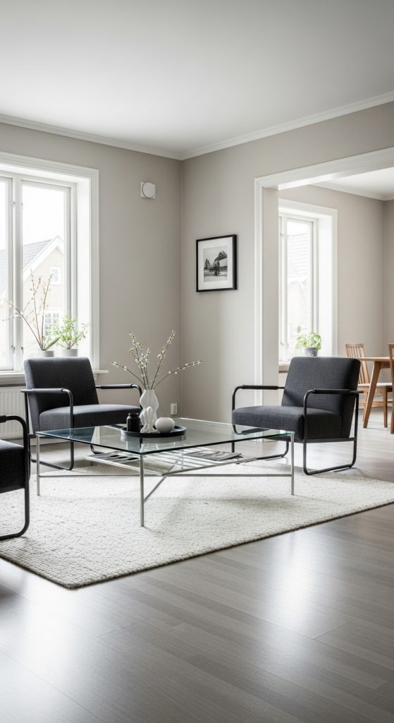 Minimalist living room with a glass and metal open-frame coffee table.