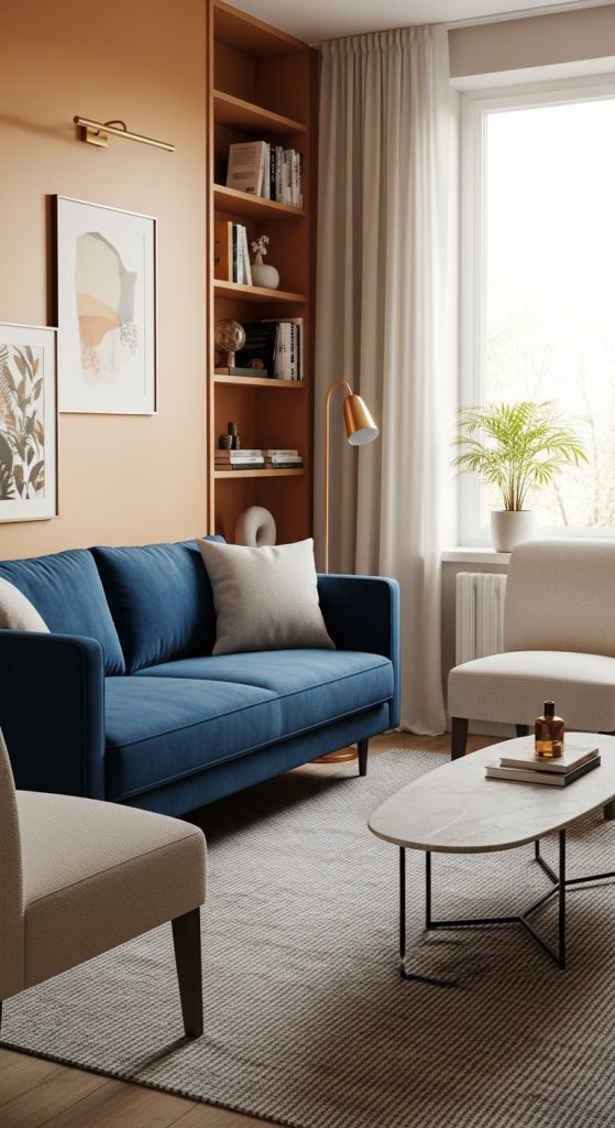 Small living room with narrow-profile furniture that saves space elegantly.