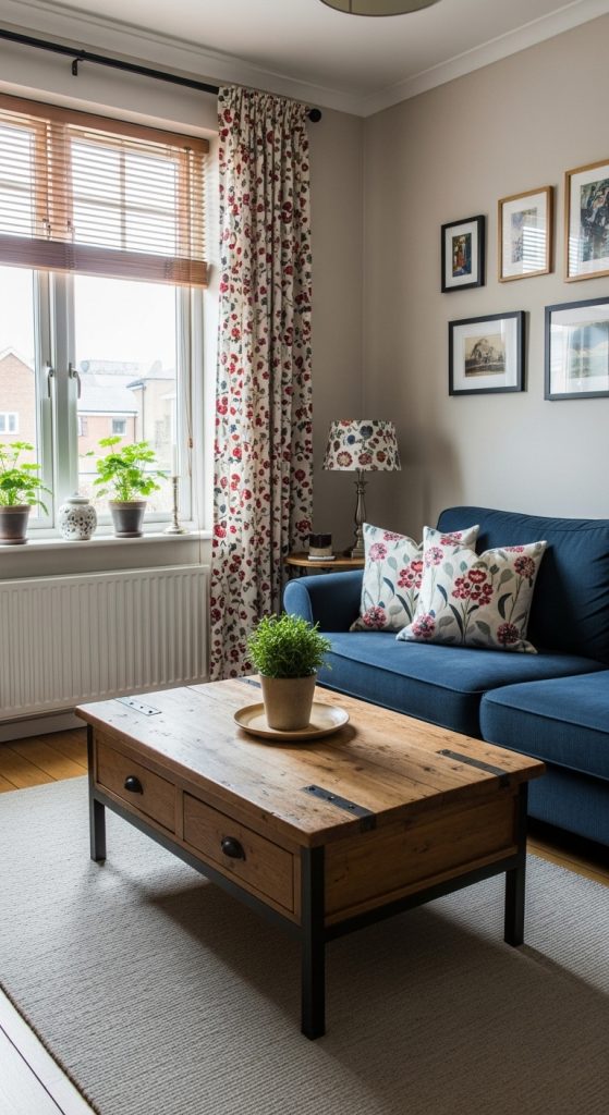 A chic living room blending modern and vintage styles, with a contemporary black sofa placed next to a vintage mid-century modern wooden credenza.