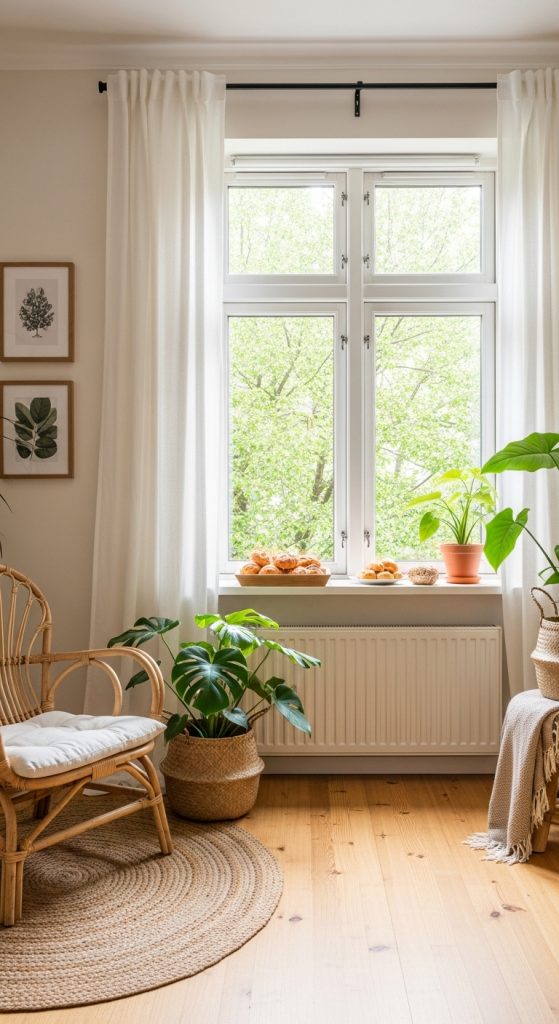 A living space filled with numerous houseplants, brown leather furniture, and accents of mossy green.