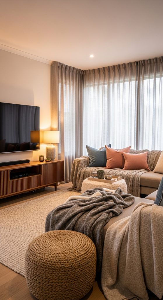 Warm and soft living room with a mounted TV