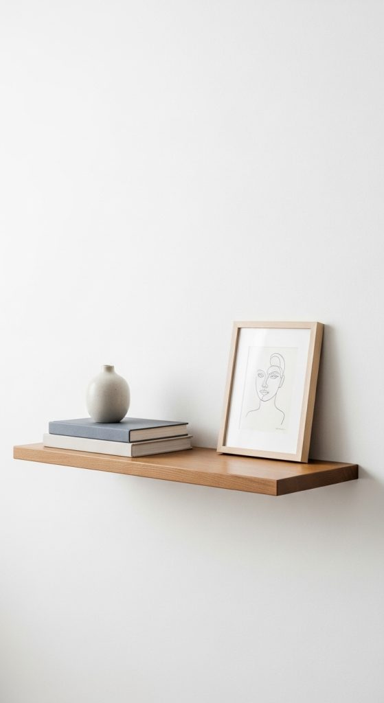 A floating wooden shelf decorated with very few items, demonstrating the 'less is more' principle in minimalist decor.