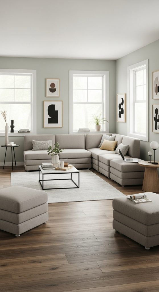 Small modern room with modular seating and flexible furniture layout.