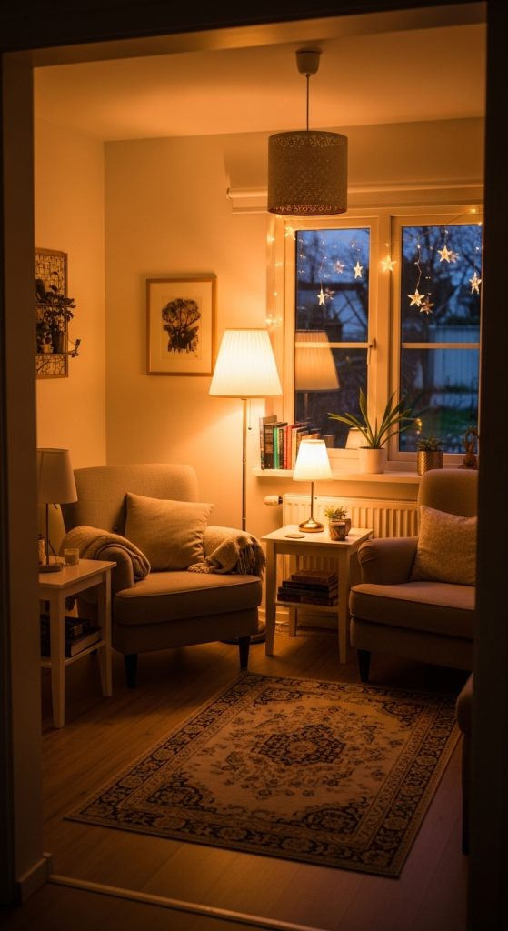 Small living room with layered lighting, including lamps and string lights for warmth.