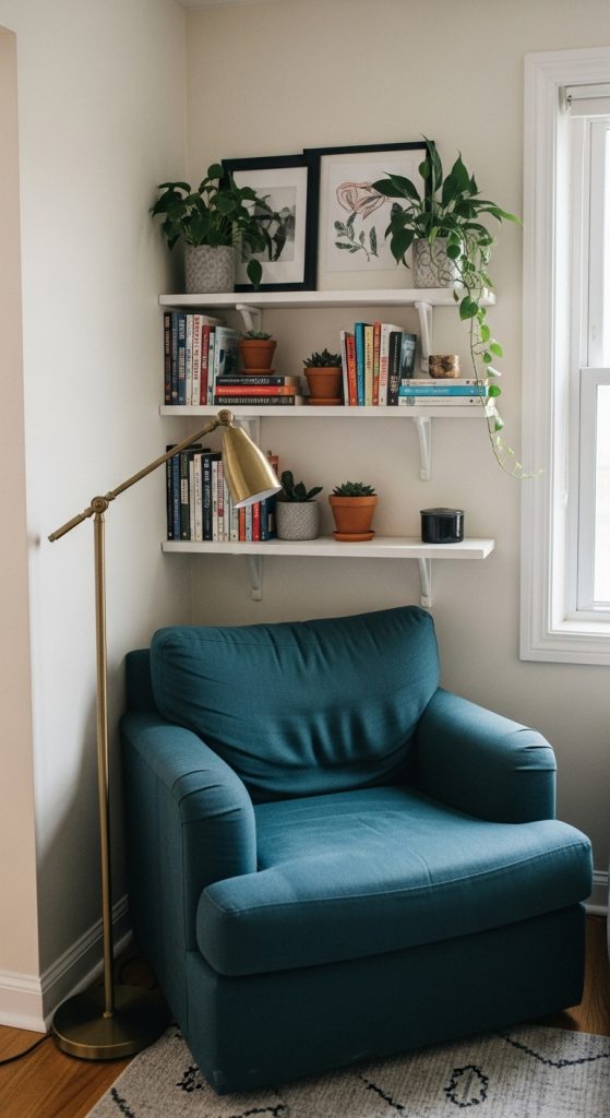 Cozy reading nook in a small living room corner with floating shelves.