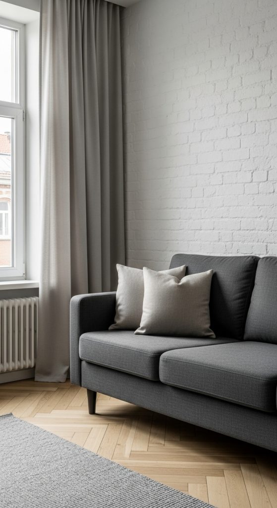 A black sofa positioned against a striking feature wall with dark vertical wood paneling