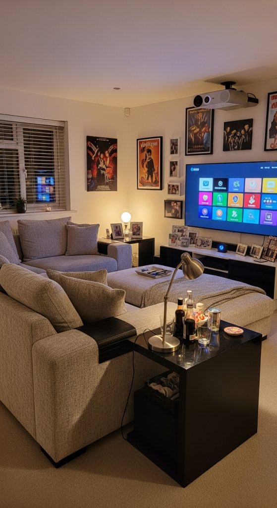 Modern living room styled as an entertainment corner