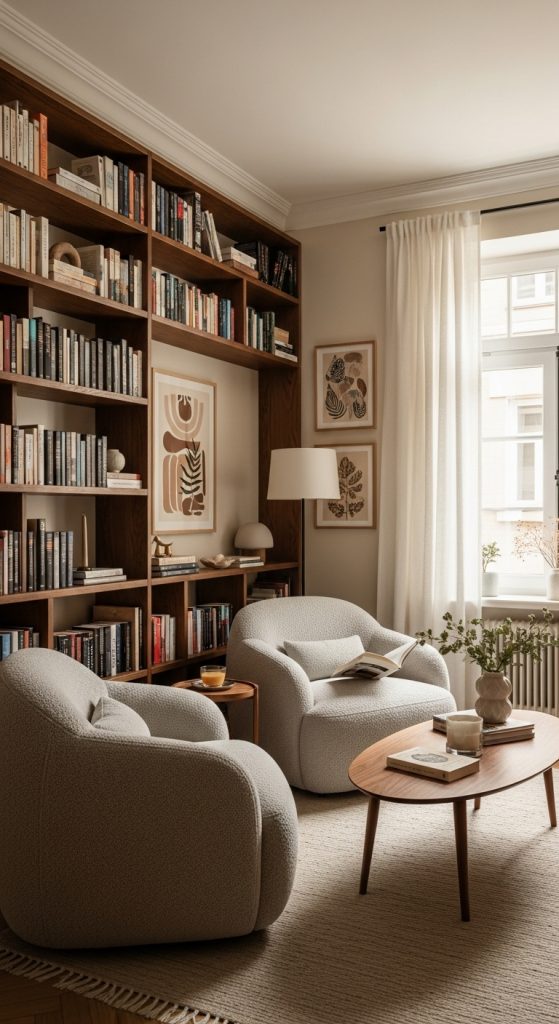 TV-free living room with bookshelves, art, and cozy reading chairs.