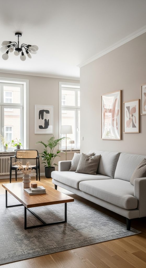 Sleek and tidy living room with minimalist decor and clean surfaces.
