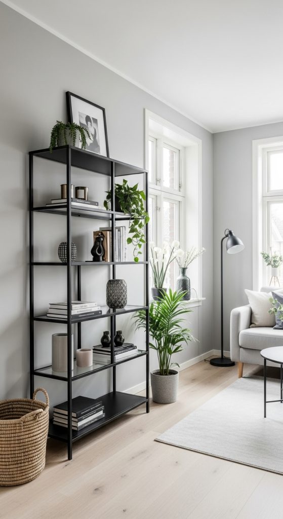 Small living room with open-back metal shelving that keeps the space light and open.