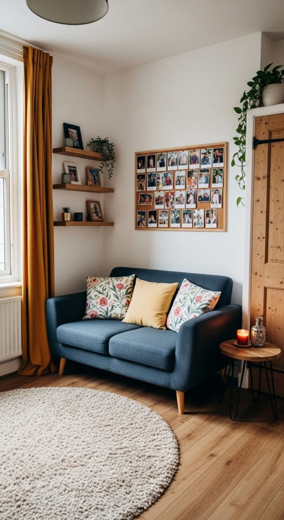A personalized living room with a black sofa, featuring floating shelves on the wall behind it displaying framed family photos and unique travel mementos.