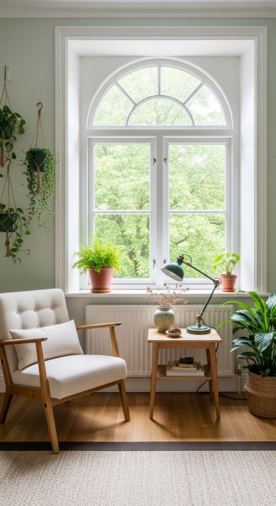 A tranquil bedroom featuring moss green walls, brown wooden furniture, and cream-colored textiles for a woodland feel.