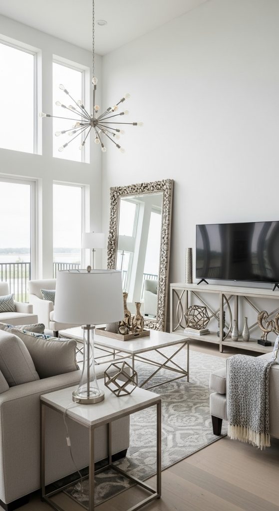 Living room with a large mirror near the TV