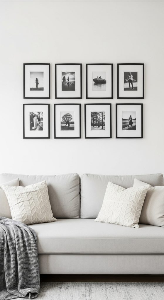 An organized gallery wall above a sofa, featuring identical frames in a symmetrical grid for a cohesive and uncluttered look.