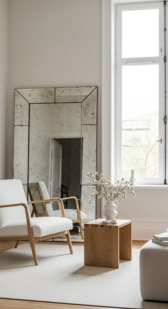 Small room with large wall mirror reflecting light to open space.