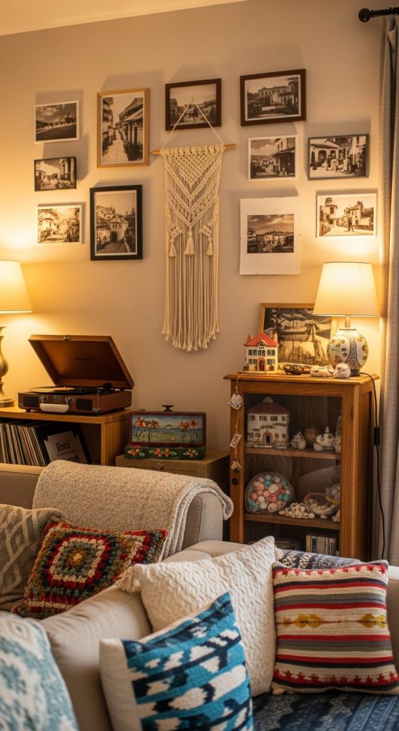Warm small living room with personal decor like travel souvenirs and photo frames.