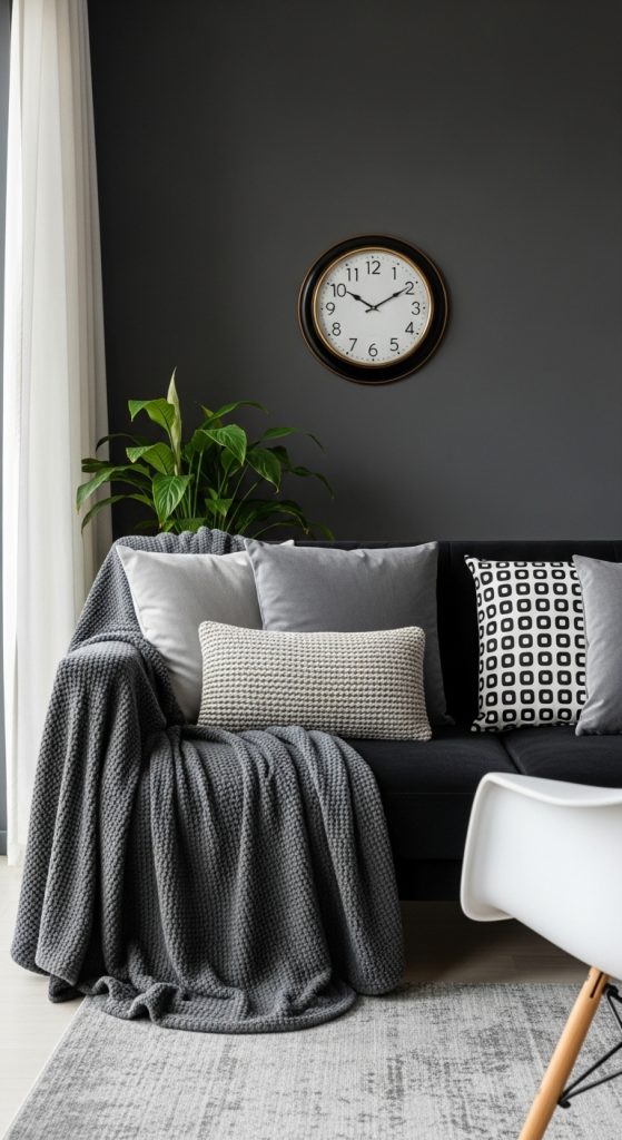 A detailed view of a monochromatic room highlighting various textures, including a black velvet cushion on a sofa